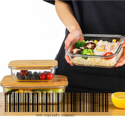 630ml Rectangle Borosilicate Glass crisper with bamboo lid.