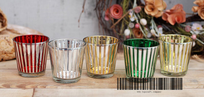 Glass candle cup with electroplate coating and laser design.