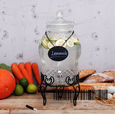 7.5 Ltr.Glass dispenser with metal chalkboard and metal stand.