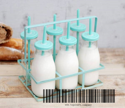 6pcs 310ml Starbucks glass milk bottle with straw and metal basket.