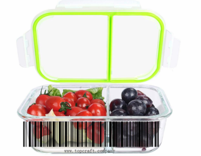630ml Rectangle Borosilicate Glass FULL 2 Partition Crisper with plastic lid.