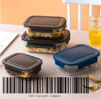 630ml Rectangle Borosilicate Glass crisper with plastic lid.